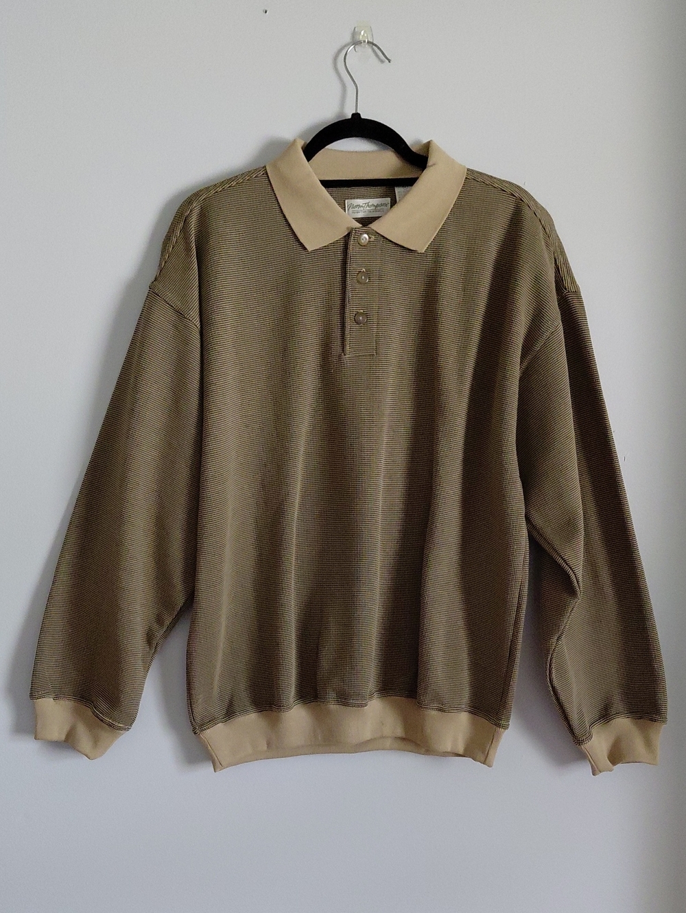 Vintage Norm Thompson 80s 90s Polo 3/4 Button Pullover Sweater Black Khaki Knit
